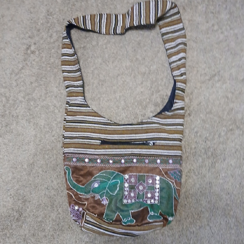 Striped Elephant Embroidered Shoulder Bag
